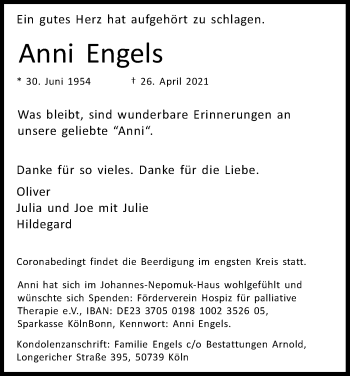 Anzeige von Anni Engels von Kölner Stadt-Anzeiger / Kölnische Rundschau / Express