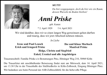 Anzeige von Anni Priske von Kölner Stadt-Anzeiger / Kölnische Rundschau / Express