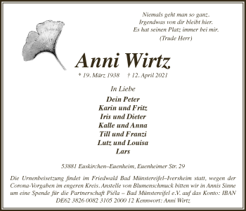 Anzeige von Anni Wirtz von  Blickpunkt Euskirchen 