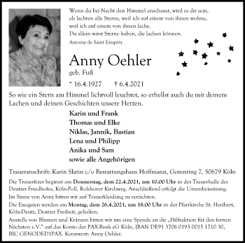 Anzeige von Anny Oehler von Kölner Stadt-Anzeiger / Kölnische Rundschau / Express