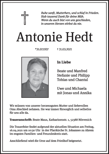 Anzeige von Antonie Hedt von  Werbepost 