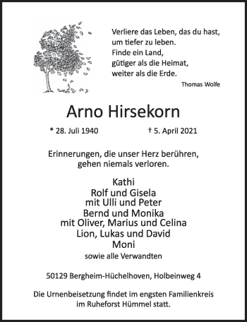 Anzeige von Arno Hirsekorn von  Werbepost 