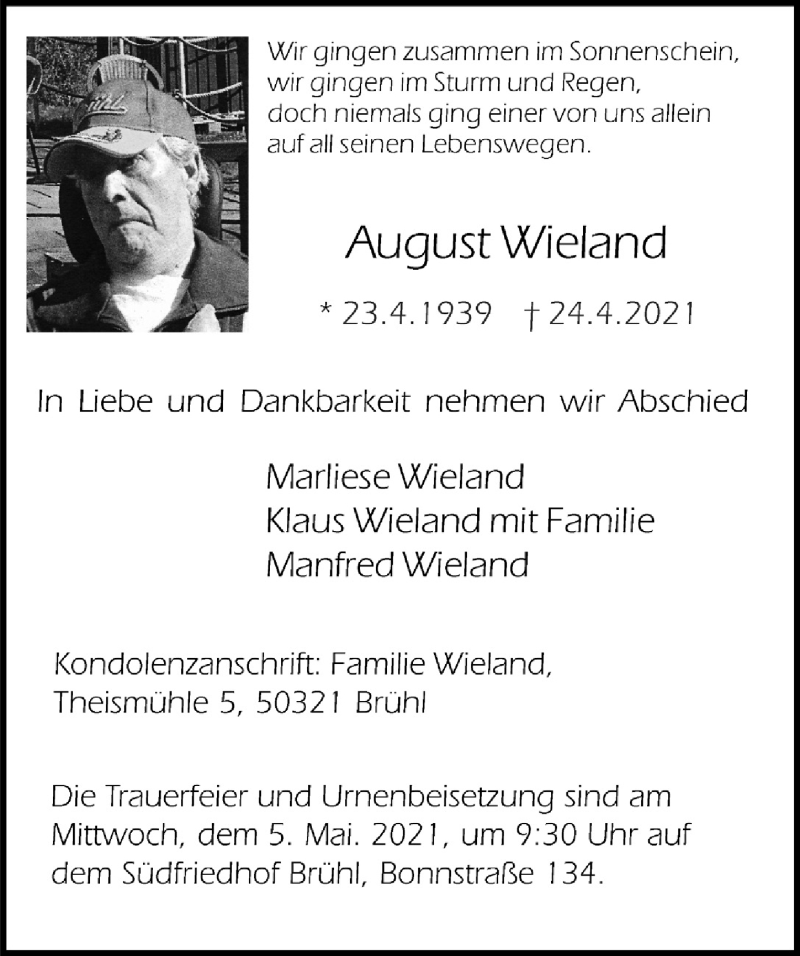  Traueranzeige für August Wieland vom 29.04.2021 aus  Schlossbote/Werbekurier 
