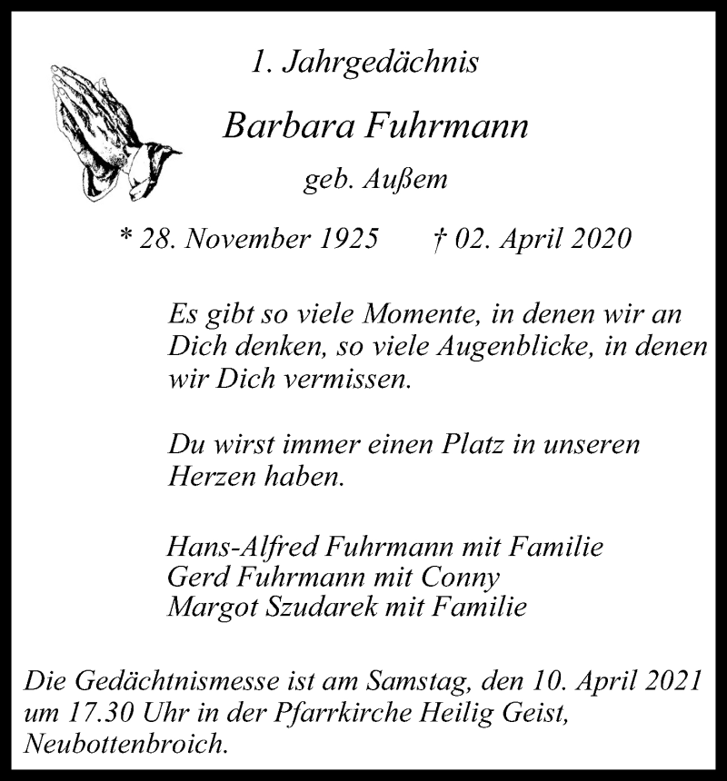  Traueranzeige für Barbara Fuhrmann vom 18.07.2023 aus Kölner Stadt-Anzeiger / Kölnische Rundschau / Express