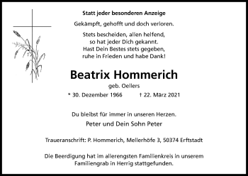 Anzeige von Beatrix Hommerich von Kölner Stadt-Anzeiger / Kölnische Rundschau / Express