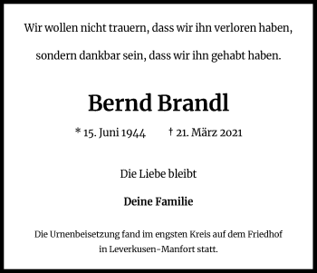 Anzeige von Bernd Brandl von Kölner Stadt-Anzeiger / Kölnische Rundschau / Express