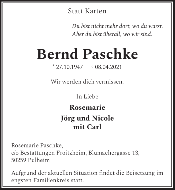 Anzeige von Bernd Paschke von  Wochenende 