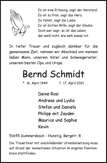 Anzeige von Bernd Schmidt von  Anzeigen Echo 