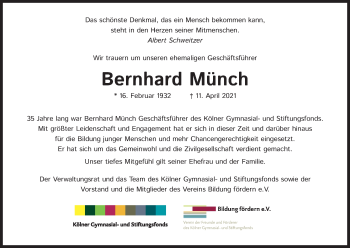Anzeige von Bernhard Münch von Kölner Stadt-Anzeiger / Kölnische Rundschau / Express