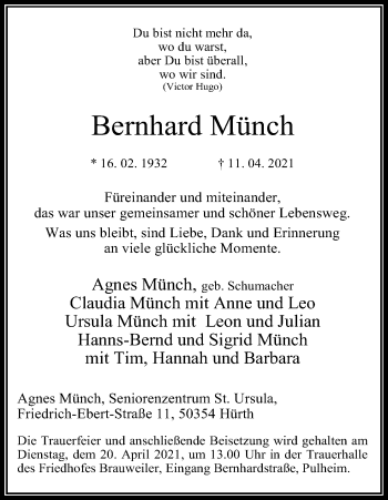 Anzeige von Bernhard Münch von Kölner Stadt-Anzeiger / Kölnische Rundschau / Express