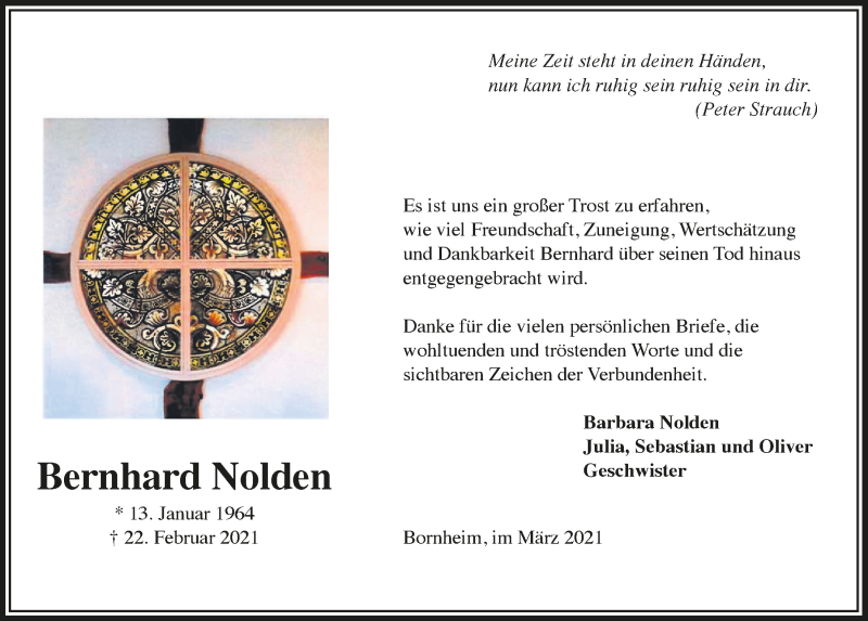  Traueranzeige für Bernhard Nolden vom 01.04.2021 aus  Schaufenster/Blickpunkt 