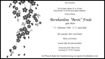 Anzeige von Bernhardine  Frede von Kölner Stadt-Anzeiger / Kölnische Rundschau / Express