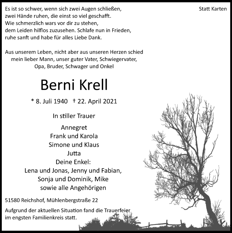  Traueranzeige für Berni Krell vom 29.04.2021 aus  Anzeigen Echo  Lokalanzeiger 