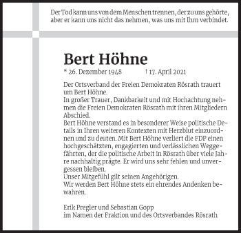 Anzeige von Bert Höhne von Kölner Stadt-Anzeiger / Kölnische Rundschau / Express