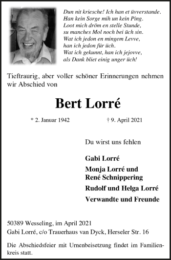 Anzeige von Bert Lorre von  Schlossbote/Werbekurier 