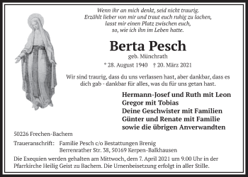 Anzeige von Berta Pesch von  Wochenende 