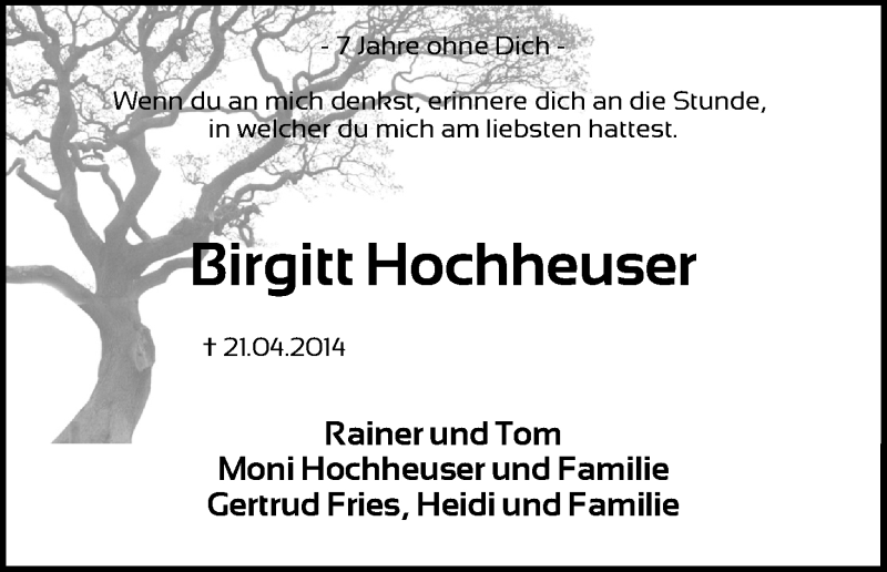  Traueranzeige für Birgitt Hochheuser vom 21.04.2021 aus Kölner Stadt-Anzeiger / Kölnische Rundschau / Express