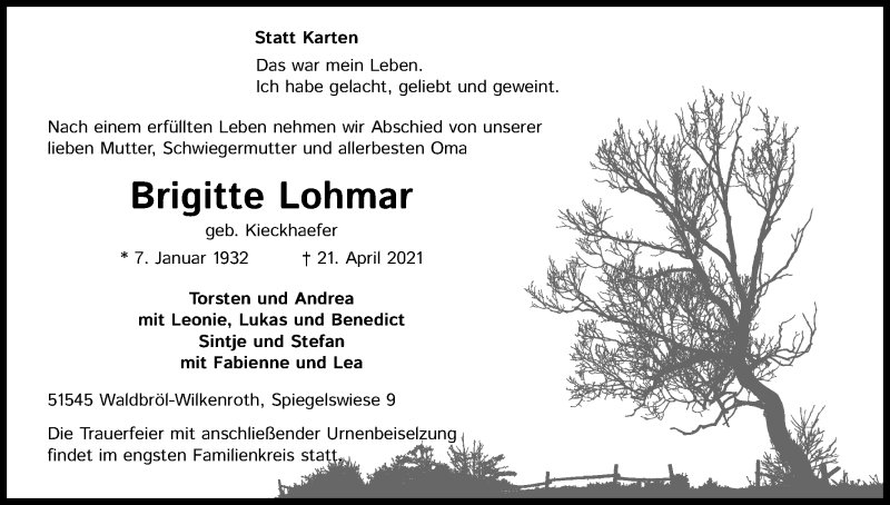  Traueranzeige für Brigitte Lohmar vom 24.04.2021 aus Kölner Stadt-Anzeiger / Kölnische Rundschau / Express