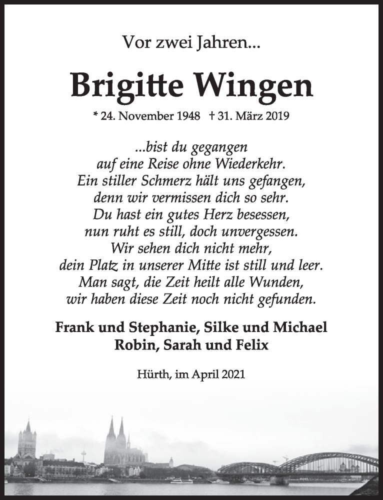  Traueranzeige für Brigitte Wingen vom 01.04.2021 aus  Wochenende 