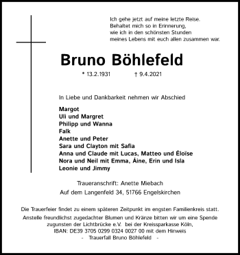 Anzeige von Bruno Böhlefeld von Kölner Stadt-Anzeiger / Kölnische Rundschau / Express