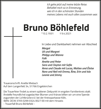 Anzeige von Bruno Böhlefeld von  Anzeigen Echo 