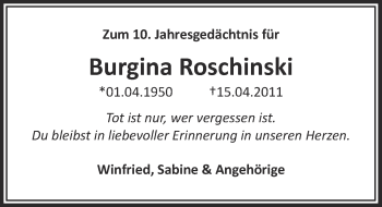 Anzeige von Burgina Roschinski von  Schlossbote/Werbekurier 