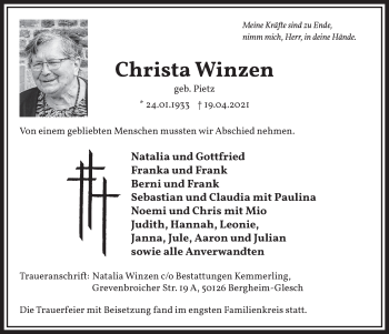 Anzeige von Christa Winzen von  Werbepost 