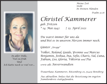 Anzeige von Christel Kammerer von Kölner Stadt-Anzeiger / Kölnische Rundschau / Express