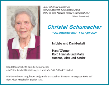 Anzeige von Christel Schumacher von Kölner Stadt-Anzeiger / Kölnische Rundschau / Express