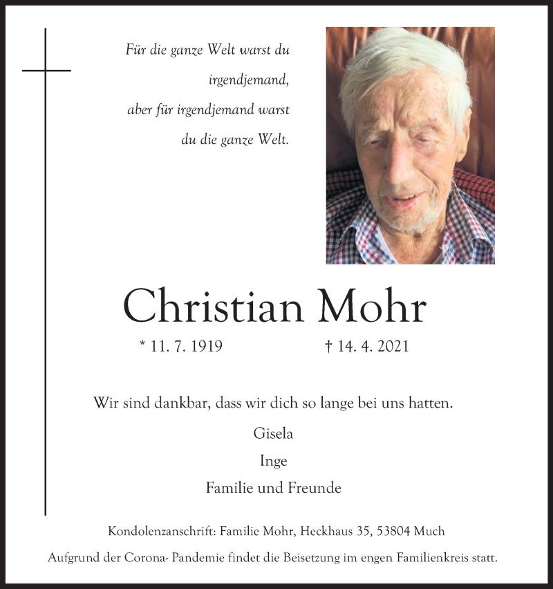  Traueranzeige für Christian Mohr vom 24.04.2021 aus Kölner Stadt-Anzeiger / Kölnische Rundschau / Express