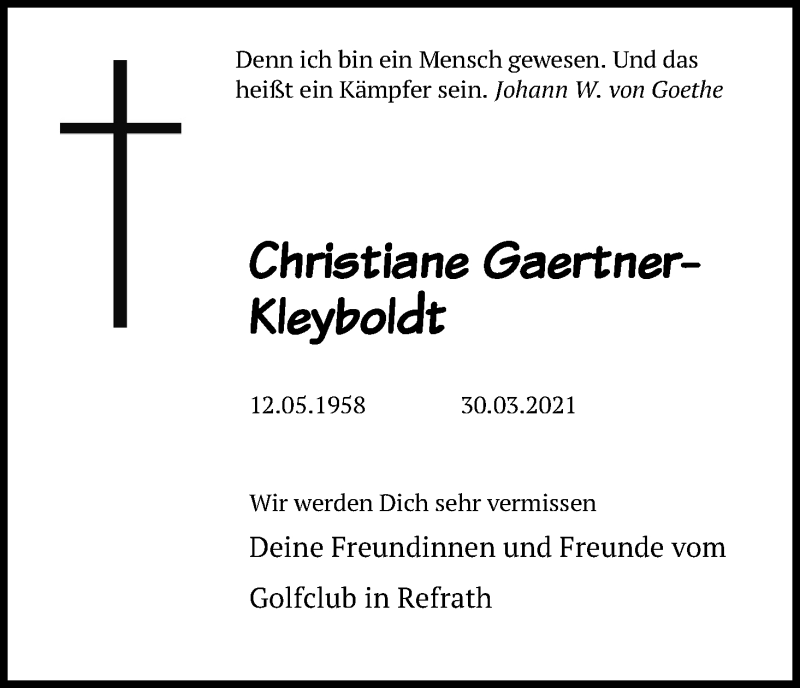 Traueranzeigen von Christiane GaertnerKleyboldt WirTrauern