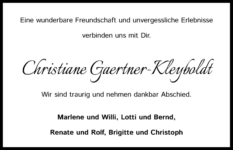 Traueranzeigen von Christiane GaertnerKleyboldt WirTrauern