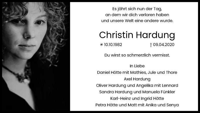  Traueranzeige für Christin Hardung vom 09.04.2021 aus Kölner Stadt-Anzeiger / Kölnische Rundschau / Express