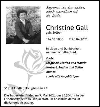 Anzeige von Christine Gall von Kölner Stadt-Anzeiger / Kölnische Rundschau / Express