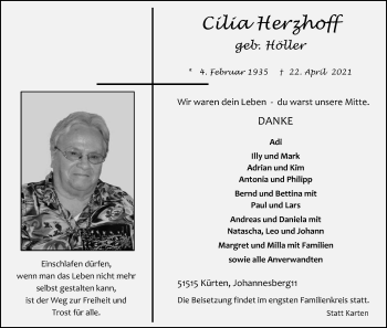 Anzeige von Cilia Herzhoff von Kölner Stadt-Anzeiger / Kölnische Rundschau / Express