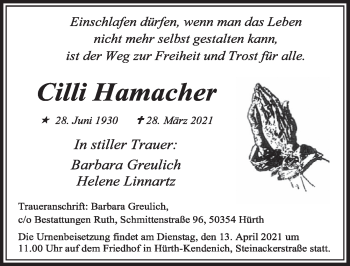 Anzeige von Cilli Hamacher von  Wochenende 