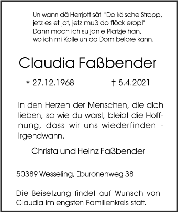 Anzeige von Claudia Faßbender von  Schlossbote/Werbekurier 
