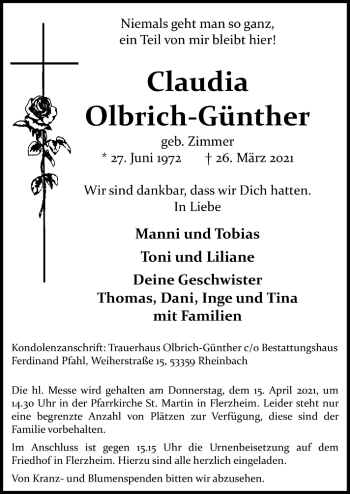 Anzeige von Claudia Olbrich-Günther von  Schaufenster/Blickpunkt 