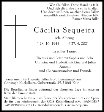 Anzeige von Cäcilia Sequeira von Kölner Stadt-Anzeiger / Kölnische Rundschau / Express