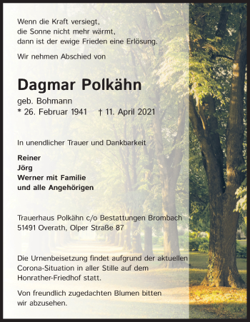 Anzeige von Dagmar Polkähn von Kölner Stadt-Anzeiger / Kölnische Rundschau / Express