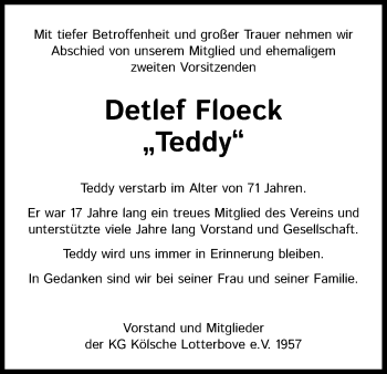 Anzeige von Detlef Floeck von Kölner Stadt-Anzeiger / Kölnische Rundschau / Express