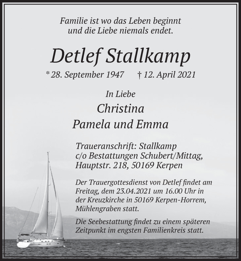  Traueranzeige für Detlef Stallkamp vom 16.04.2021 aus  Werbepost 