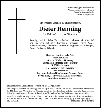 Anzeige von Dieter Henning von Kölner Stadt-Anzeiger / Kölnische Rundschau / Express