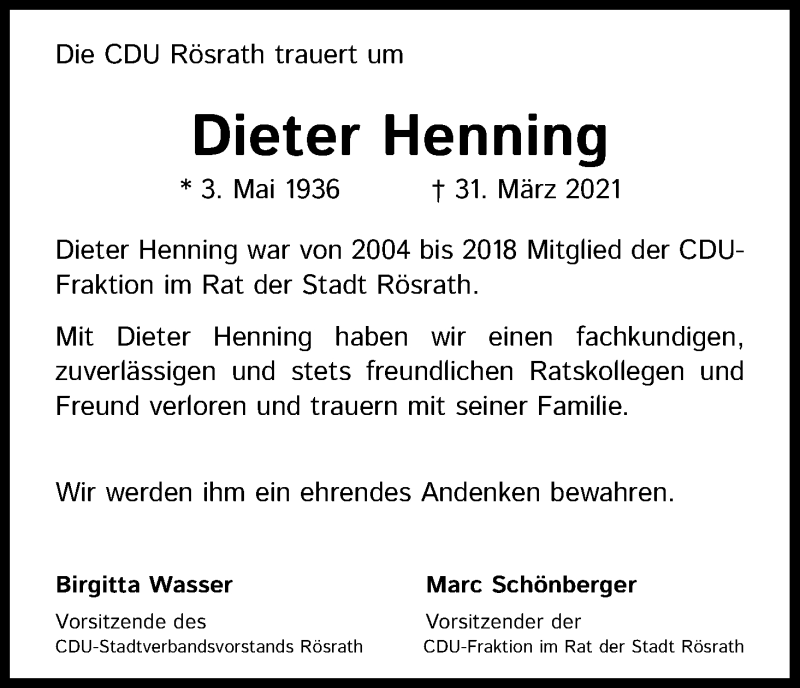  Traueranzeige für Dieter Henning vom 16.04.2021 aus Kölner Stadt-Anzeiger / Kölnische Rundschau / Express