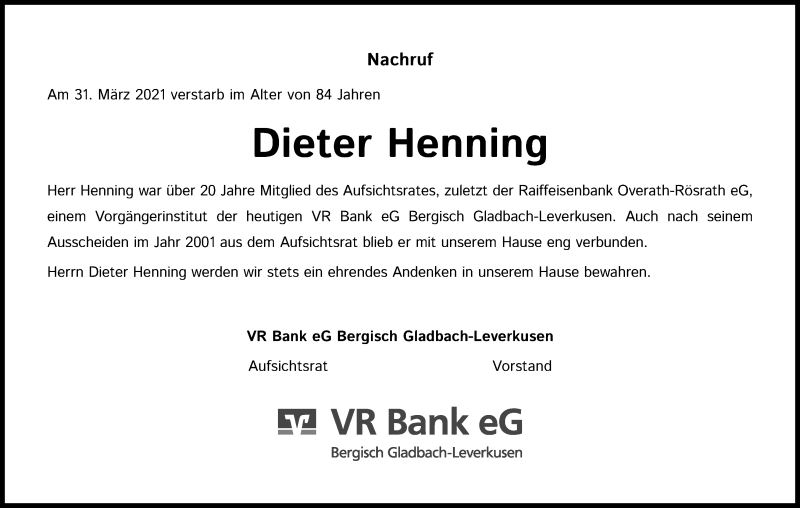  Traueranzeige für Dieter Henning vom 17.04.2021 aus Kölner Stadt-Anzeiger / Kölnische Rundschau / Express