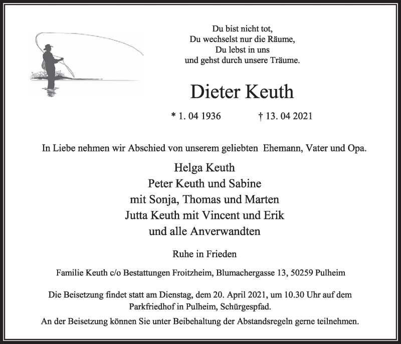  Traueranzeige für Dieter Keuth vom 16.04.2021 aus  Wochenende 