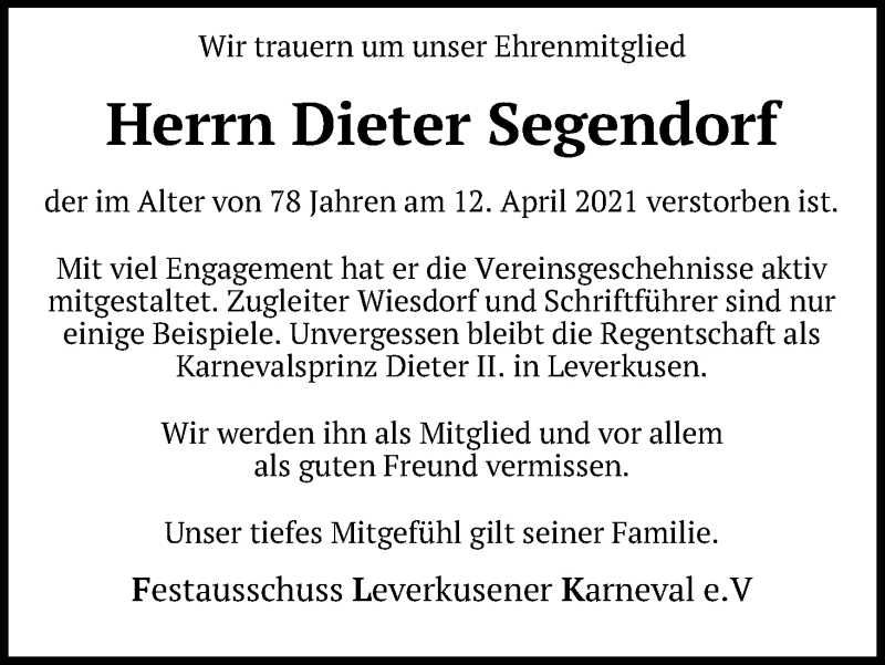  Traueranzeige für Dieter Segendorf vom 21.04.2021 aus Kölner Stadt-Anzeiger / Kölnische Rundschau / Express