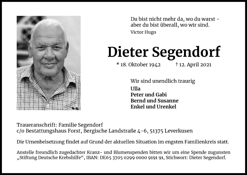  Traueranzeige für Dieter Segendorf vom 24.04.2021 aus Kölner Stadt-Anzeiger / Kölnische Rundschau / Express