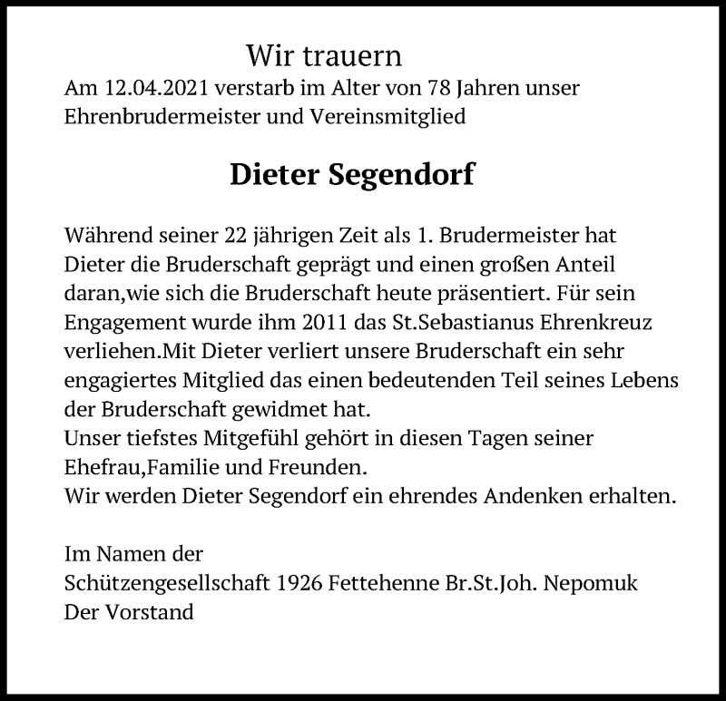  Traueranzeige für Dieter Segendorf vom 20.04.2021 aus Kölner Stadt-Anzeiger / Kölnische Rundschau / Express