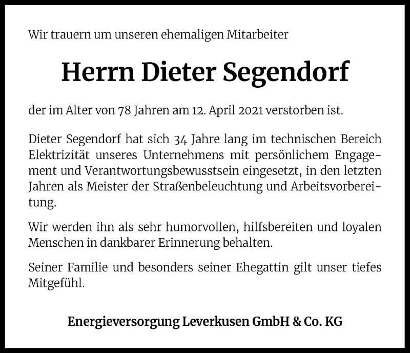 Traueranzeige für Dieter Segendorf vom 17.04.2021 aus Kölner Stadt-Anzeiger / Kölnische Rundschau / Express